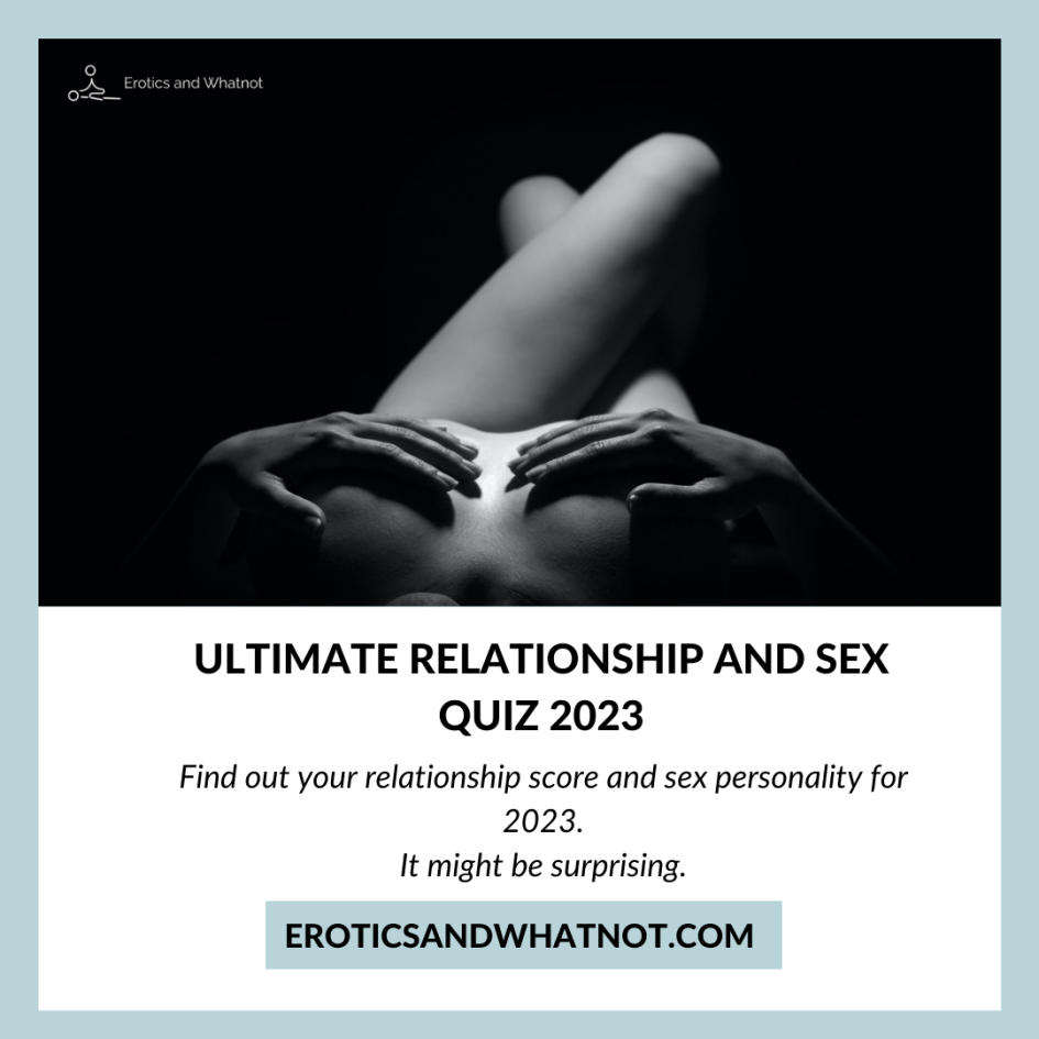 An image of a woman laying naked against a black background, her hands are covering her chest. This image lies in a blue background with the words "Ultimate Relationship and Sex Quiz 2023"